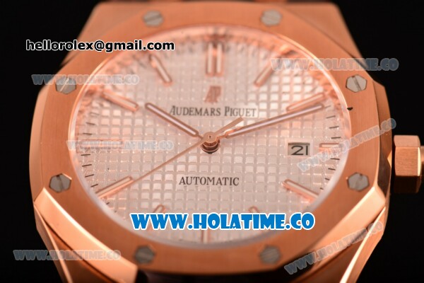 Audemars Piguet Royal Oak 41MM Clone AP Calibre 3120 Automatic Rose Gold Case with White Dial Brown Leather Strap - Stick Markers (EF) - Click Image to Close